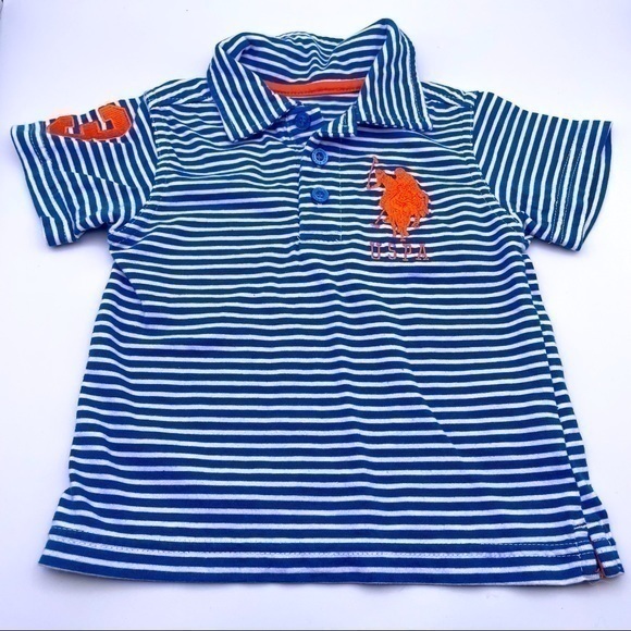 US Polo Assn 12 mo Boys Polo Shirt Blue & White Stripes Orange Short Sleeve - Picture 1 of 7